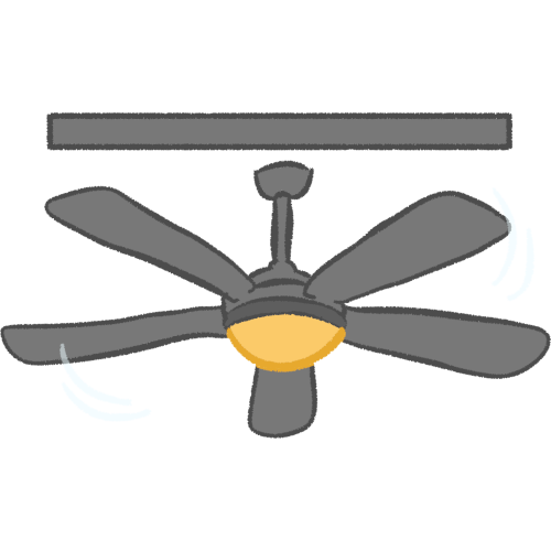  A grey ceiling fan with a yellow light in the center, above the fan is a long grey rectangle representing the ceiling.